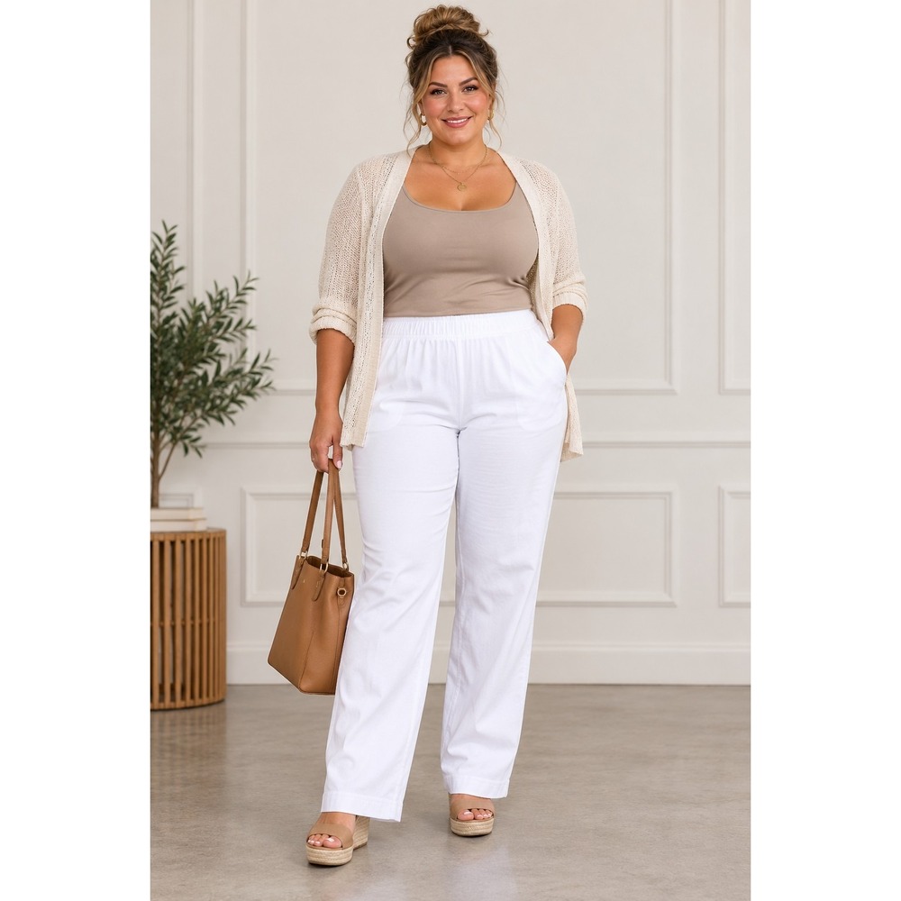Woman Within Women's 2X 26/28 White Pull-On Straight Leg Pants Cotton Blend NWT